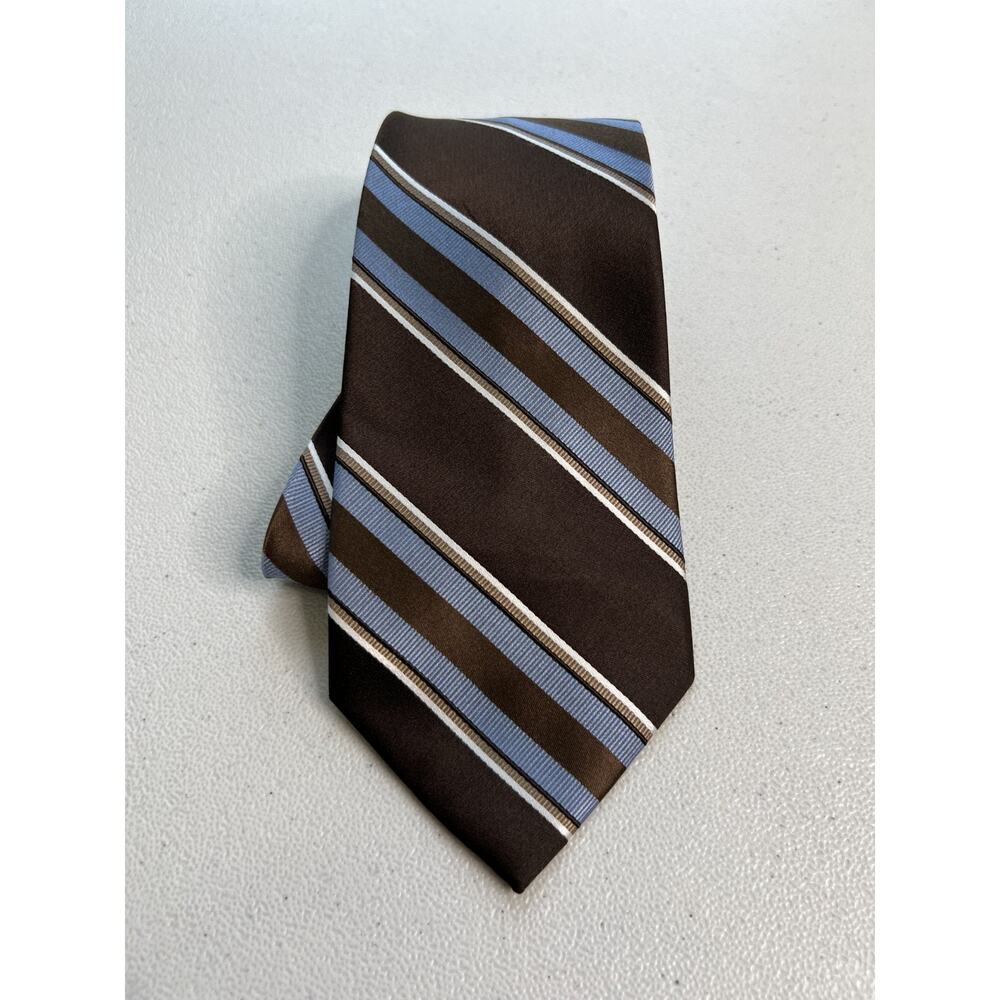 Van Heusen Brown, Blue, White Striped Pattern 100% Silk Handmade Tie NWOT